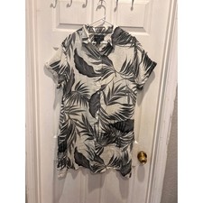 New Tahari Womens XL Linen Shirt Dress Black White Tropical Leaf Button Down