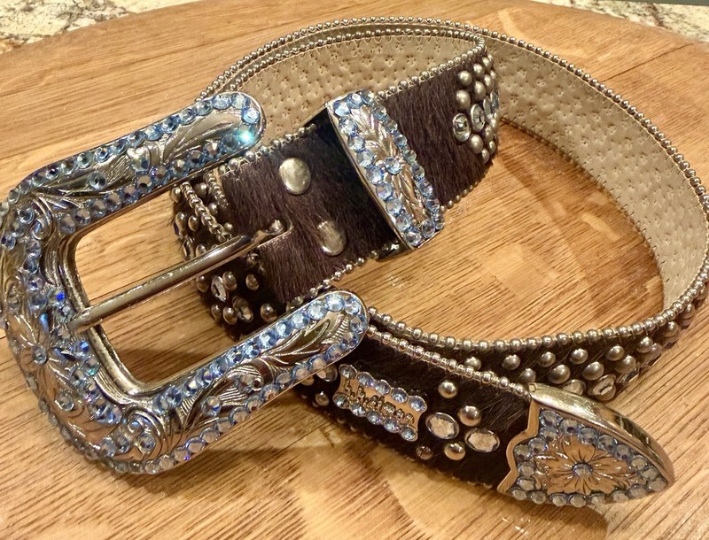 BB Simon Brown Woman’s Cowhide Belt With Blue Swarovski Crystals, Belt Size XL.