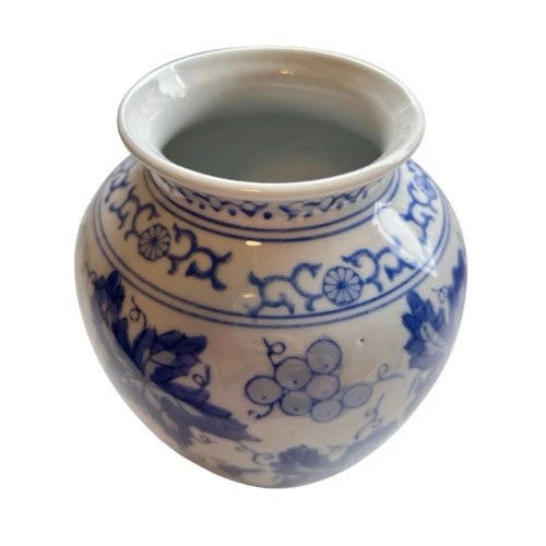 Vintage Blue and White Chinese Porcelain Vase with Grapevine Design
