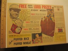 newspaper ad 1934 QUAKER Babe Ruth baseball cereal box premium button HERE'S