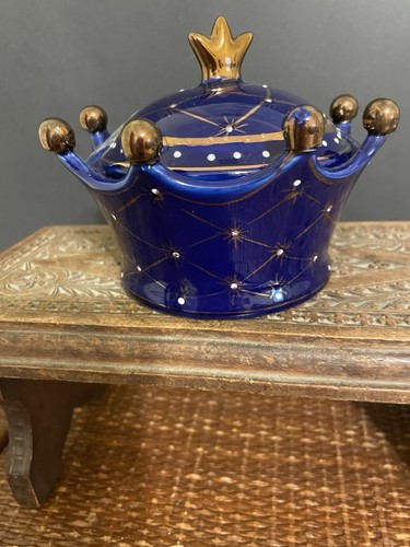 Sopera De Corona Crown Tureen Blue Gold Trim  4 1/2" tall - Picture 3 of 4