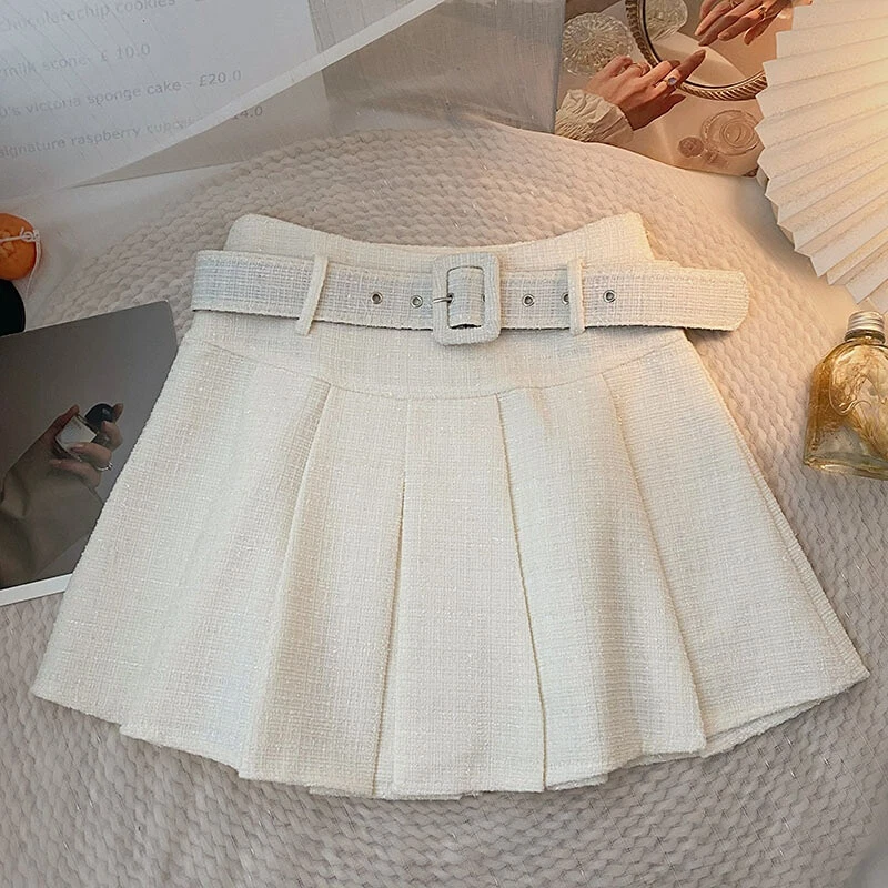 High waisted belted pleated skirt cheap