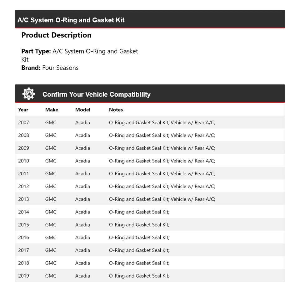 Kit de juntas y junta de sistema de aire acondicionado GMC Acadia 2007-2019 4 estaciones 2008 2009 Foto 2 de 4