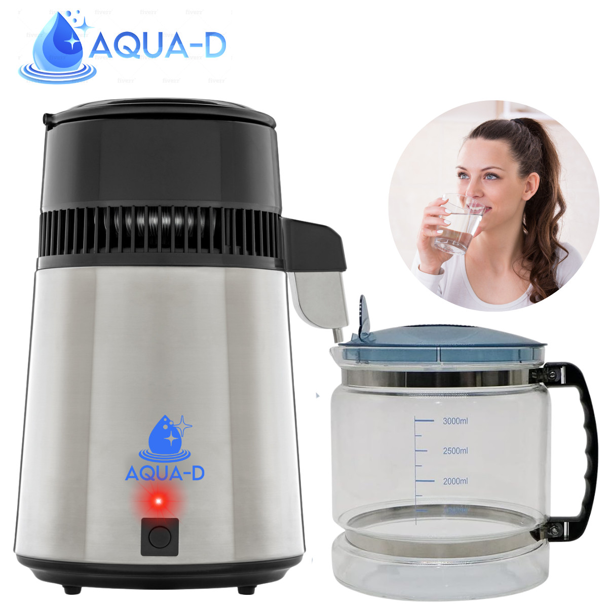 Destilador de agua - Jarra de vidrio - Purificador de agua para el hogar - Acero inoxidable - Aqua-D 4L