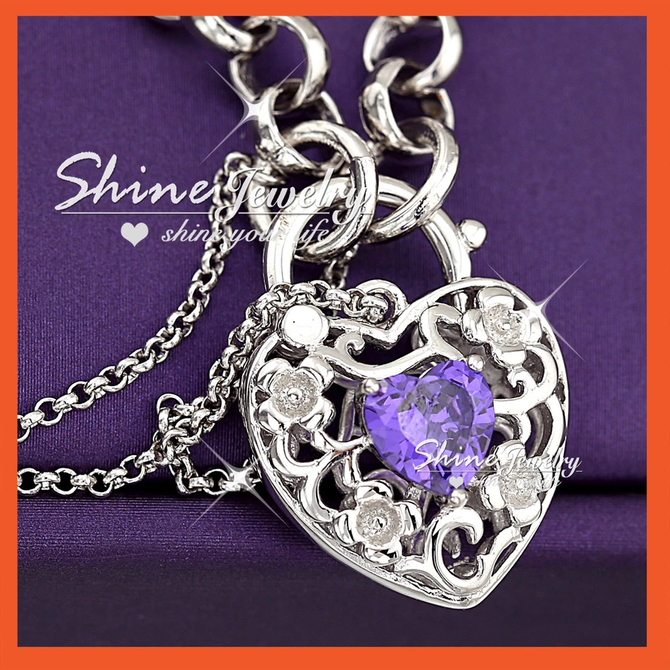 18K WHITE GOLD GF PURPLE AMETHYST CRYSTAL PADLOCK BELCHER CHAIN BANGLE BRACELET Foto 2 de 4