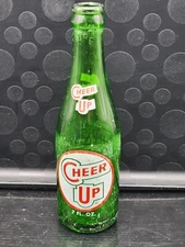 Vintage Cheer Up Green Glass Soda Bottle 7 Ounce