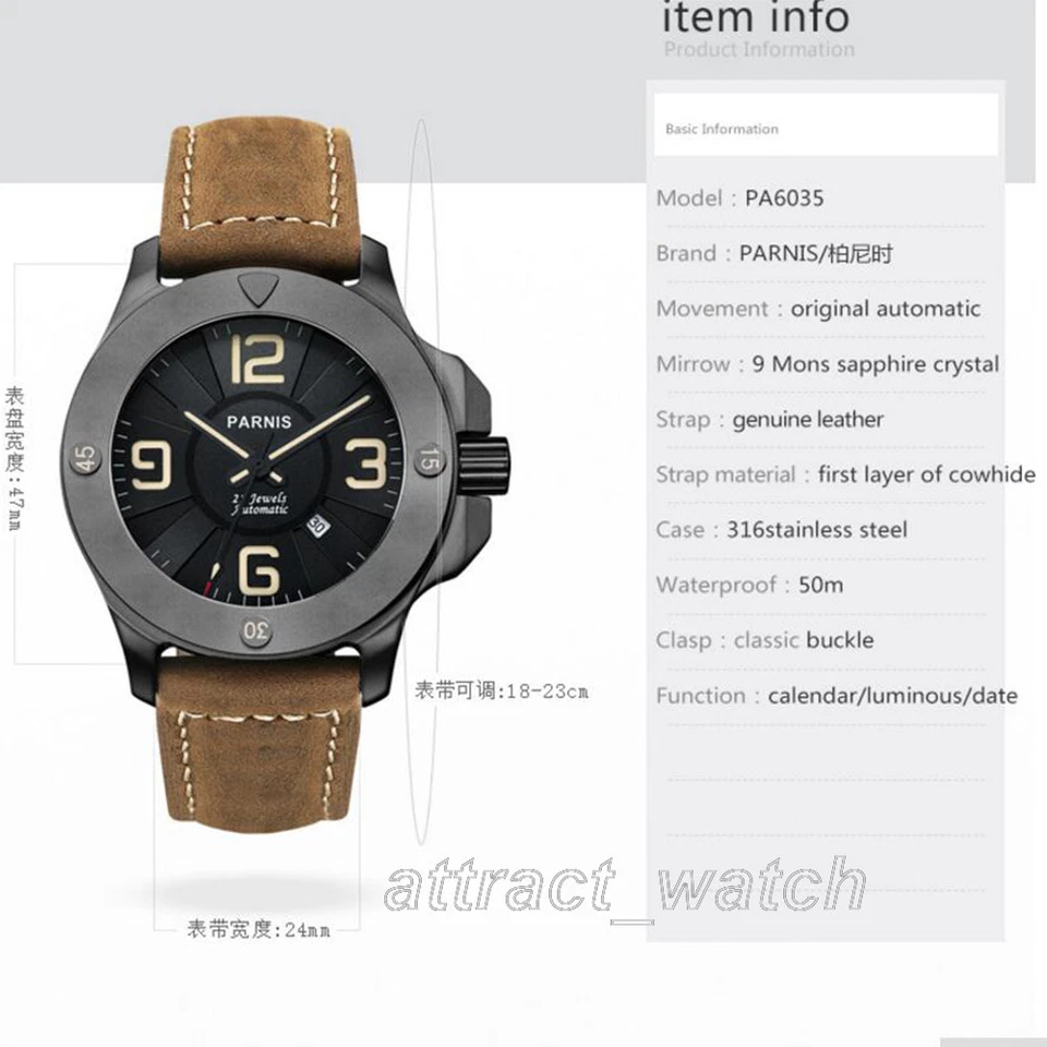 47mm Parnis 21 Jewels Miyota Automatic Men's Wristwatch Sapphire Luminous Marker - Image 2 of 4