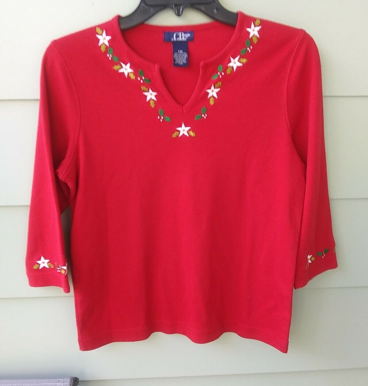 Women's Christmas Embroided Red Knit Top 3/4 Slee… - image 1
