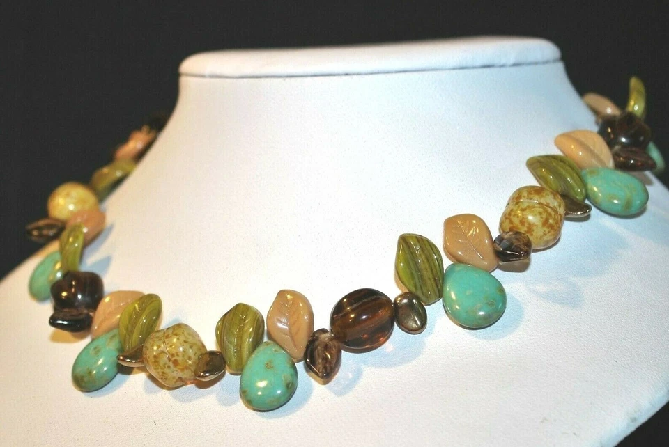 BEAUTIFUL STERLING SILVER LEAF GLASS & TURQUOISE NECKLACE FALL COLORS BROWN TAN - Image 4 of 4