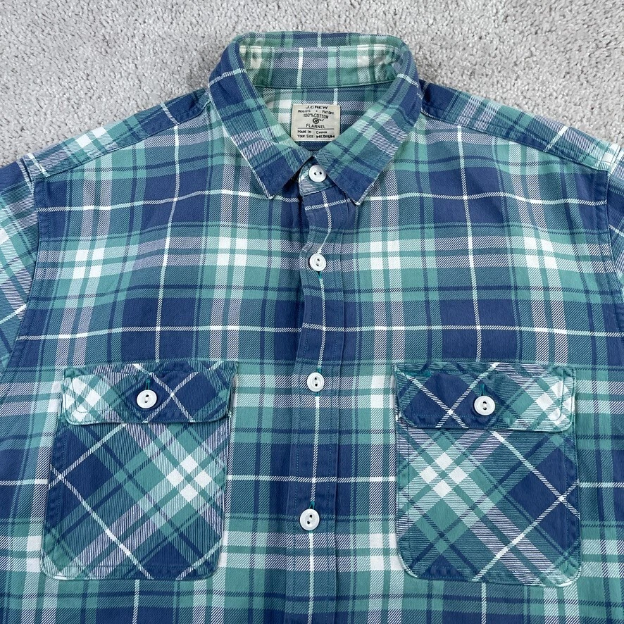 J Crew Shirt Mens Medium Blue Green Plaid Flannel Workwear Button Up - Image 3 of 4