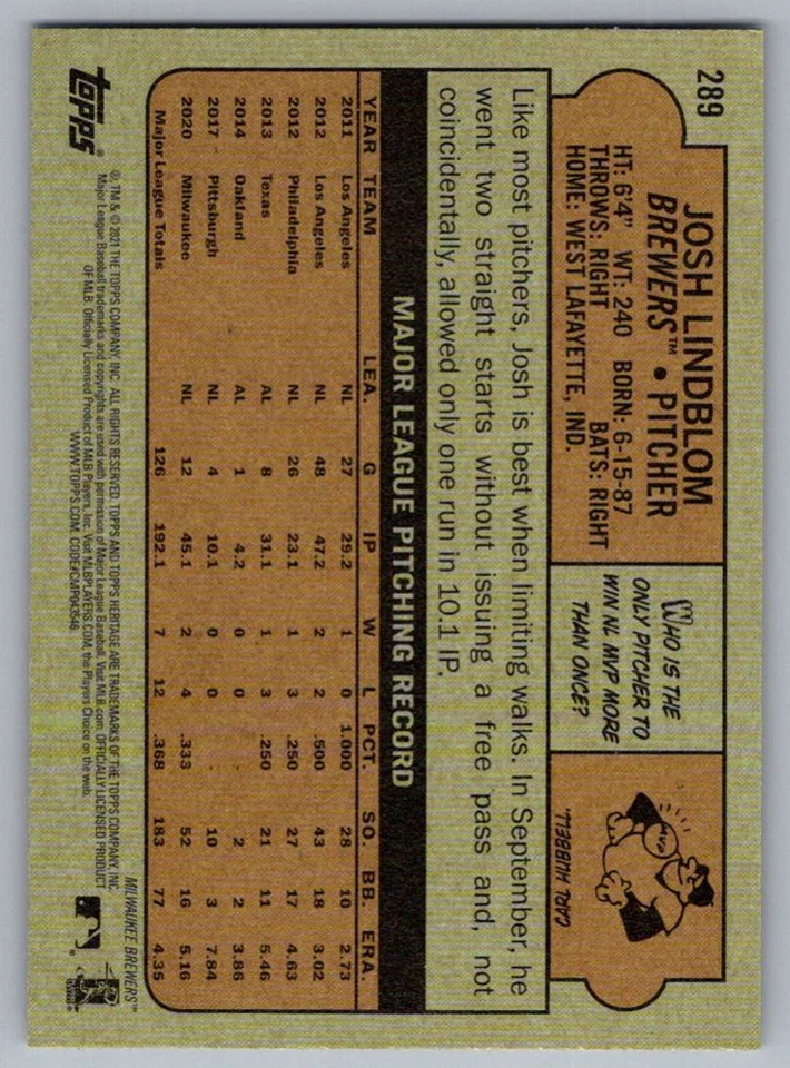 2021 Topps Heritage Josh Lindblom Milwaukee Brewers #289 - Image 2 of 2