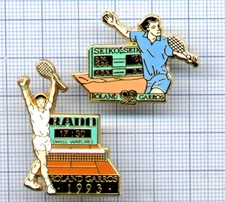 2 Pin's Arthus Bertrand tennis Roland GARROS 1993 watches RADO SEIKO 92 / WATCH