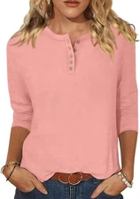 Anrabess 3/4 Sleeve Tops Henley Shirts Women’s Medium Button Pink Green Blue