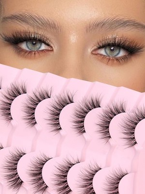 Natural Cat Eye Lashes Wispy Eyelashes 14mm 1 pair (Pack of 7), black 