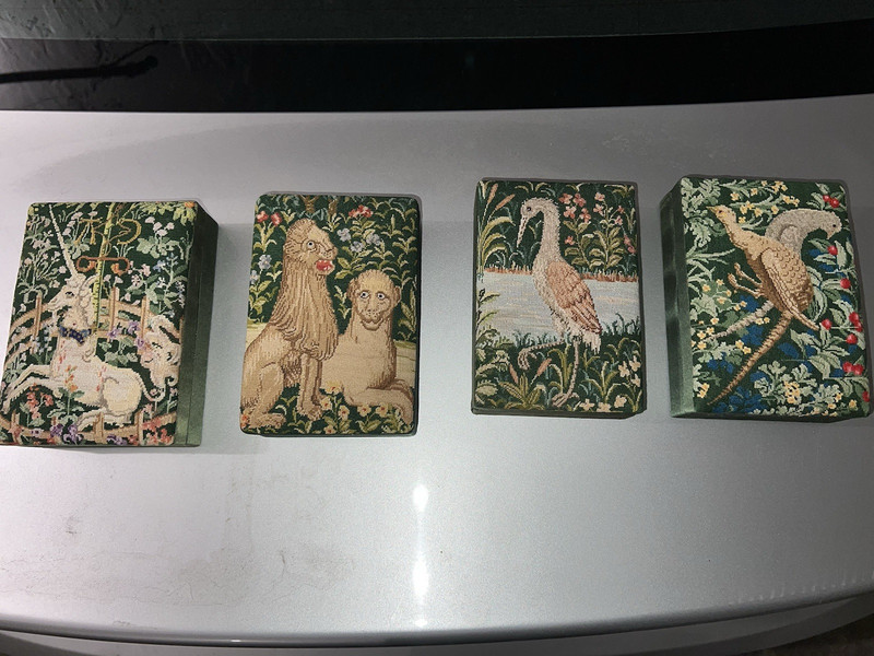 Set of 4 Petit Point Needlepoint Green Silk Trinket Boxes The Unicorn Tapestries