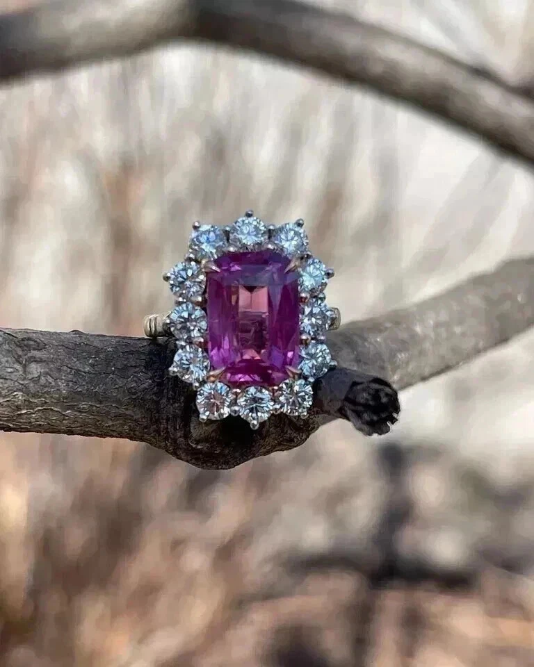 5.Ct подушка огранки розовый сапфир бриллиант Halo заявление кольцо 14K белое золото твердое - Изображение 3 из 4