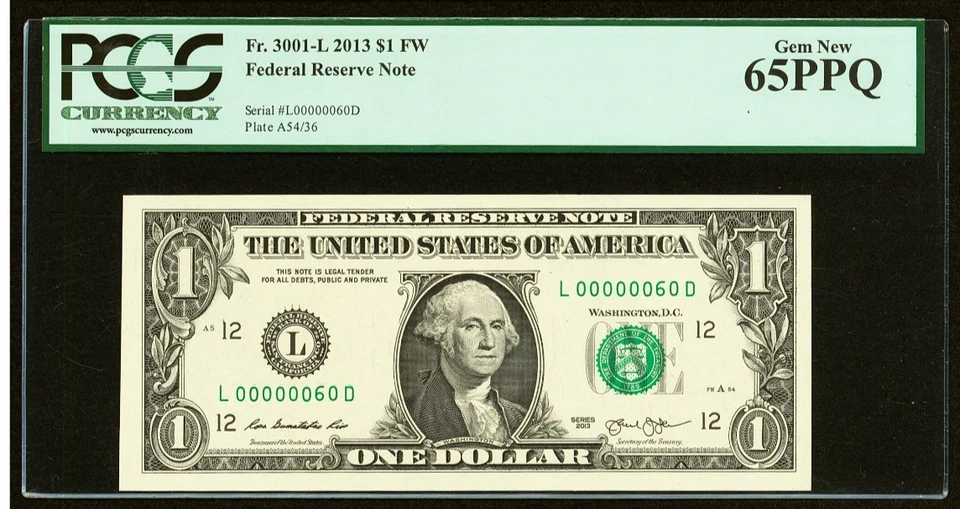 LOW TWO DIGIT SERIAL # 00000060 ( SEVEN ZERO'S) PCGS 65 PPQ $1 2013 / non star - Image 2 of 3