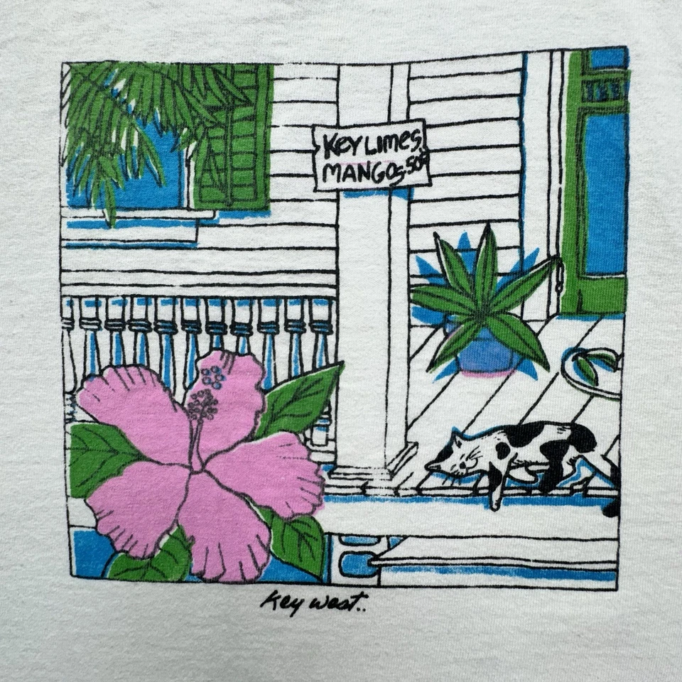 Vintage 90s Key West Tank Top Oneita Power-T Made in USA XL Tropical Cat Print - Image 3 of 4