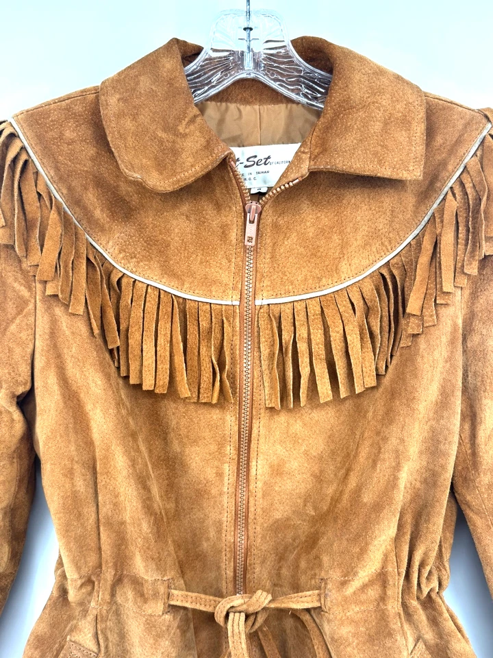 Chaqueta Jet Set of California Marrón Gamuza Flecos 8 Cremallera Completa Cordón Cintura Foto 3 de 4