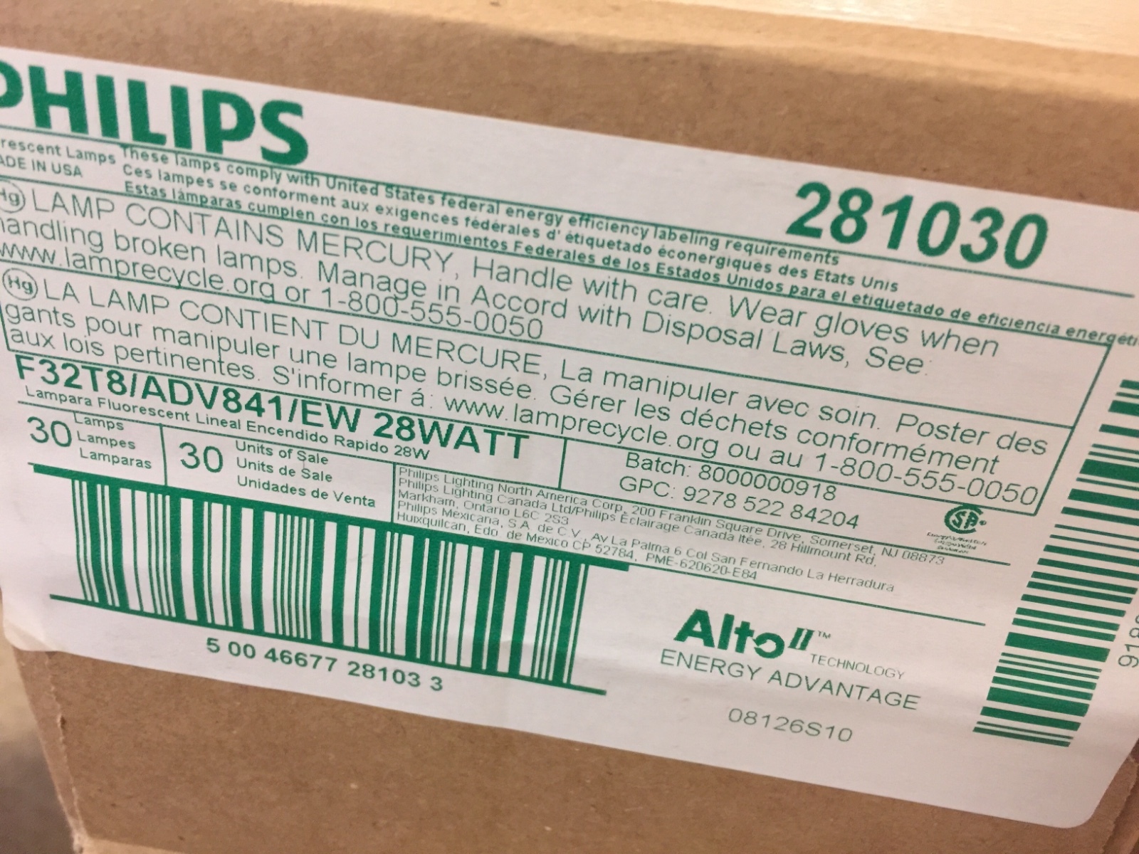 Philips 281030 - 28 vatios-F32T8 ADV841 EW LL 2,725 lúmenes 36,000 horas - - 4100 Philips 281030 - 28 vatios-F32T8 ADV841 EW LL 2,725 lúmenes 36,000 horas - - 4100