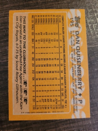 Dan Quisenberry #195 1988 Topps Baseballkarte LP Royals - Bild 2 von 2