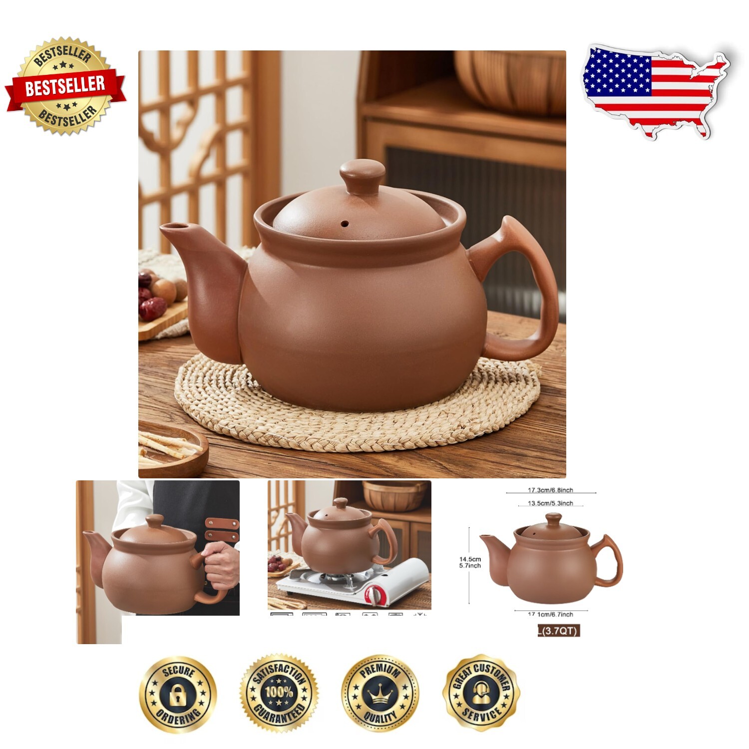 Elegant 3.7QT Earthenware Soup Pot with Lid - Perfect for Rustic Cooking