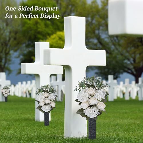 Flores de cementerio para decoraciones de tumbas: 2 piezas ramo de rosas artificiales blanco - Imagen 4 de 7
