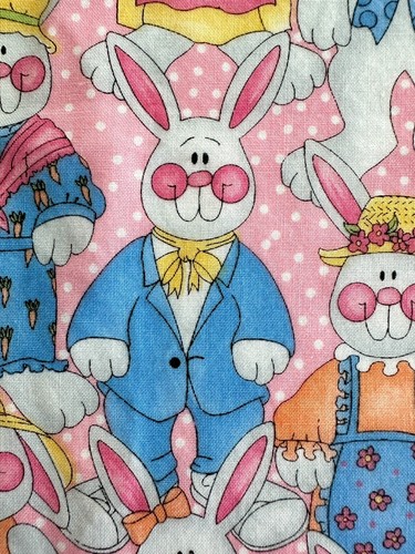 Easter Fabric Vintage Chicks Bunnies Pink Polka Dot Blue Spring Silly 1.5 Yard - Picture 5 of 11