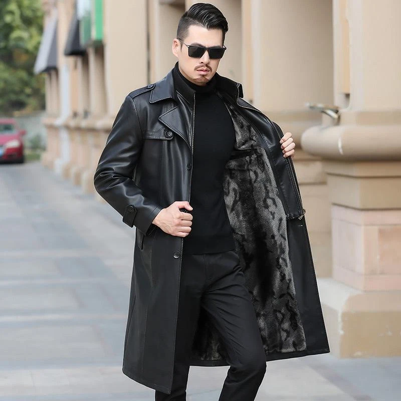 Mens Long Leather Jacket Trench Coat Business Zip Windbreaker Fur Fleece  Lined