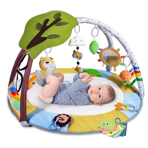All-in-One Baby Gym Activity Mat with Tree Design and 9 Sensory Development Toys