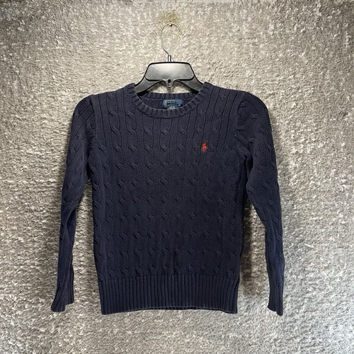 Polo By Ralph Lauren Boys Size 8, S Navy Blue Cable Knit Sweater Red Pony Cotton