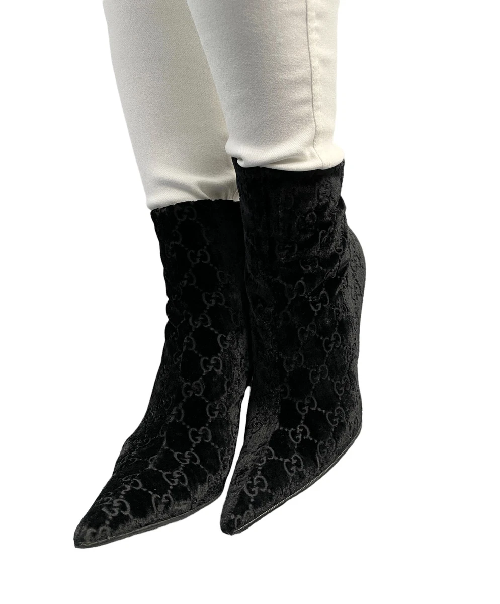 GUCCI Vintage Monogram Logo Boots Heels 36C US 6 Silver Black