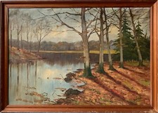 Grande Quadro a Olio 75,8 X 104,7 CM Paesaggio Nella Foresta Autunno Natura Kunö