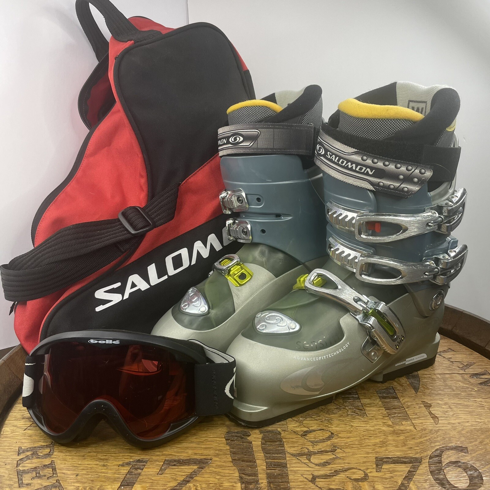 Scarponi da sci donna Salomon verdi invernali trail taglia 6 con borsa e occhiali