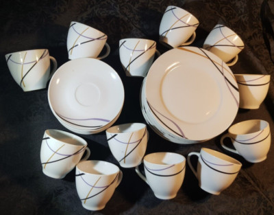 Van Well  Porzellan Kaffeeservice 6 Personen weiß violett schwarz oder einzeln