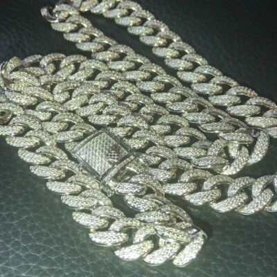 Mens Cuban Miami Link 12mm Chain 925 Silver 40-60ct Simulated Diamonds 18-30''