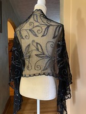 Vintage Black Iridescent Sequin Floral Lovely Scarf