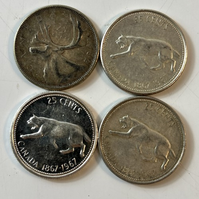 #ad Silver 1967 3 amp; 1962 Canada Quarters .54357 Troy Ounces Total Silver Weight $58.00