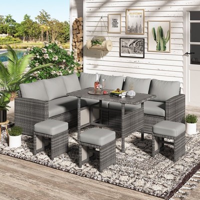 7 Pieces Outdoor Furniture Set Patio Wicker Rattan Sectional Sofa w/ Table