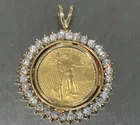 $5 22K Gold Coin  , 14 K Sold Gold Pendant, 22k Gold Diamond Bezel 7.0 G  Scrap