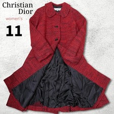 Christian Dior Red Black Bias Tweed Long Coat Vintage A Line Luxe Used Japan