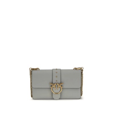 PINKO Gray Calf Leather Bos Taurus One Shoulder Bag with Love Birds Buckle
