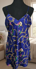 Vintage Val Mode Lingerie Royal Blue Floral Chemise Nightgown V Neck Size M