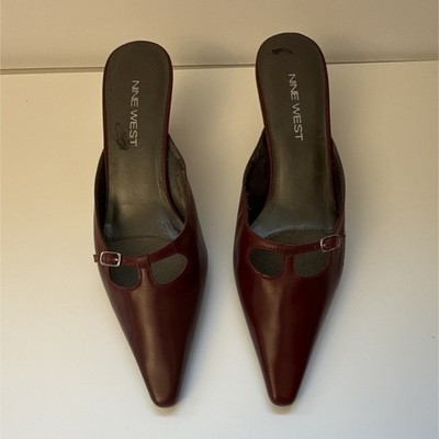 Nine West Burgundy Leather Pointed Toe Mule Heels Buckle Strap Women s 6M