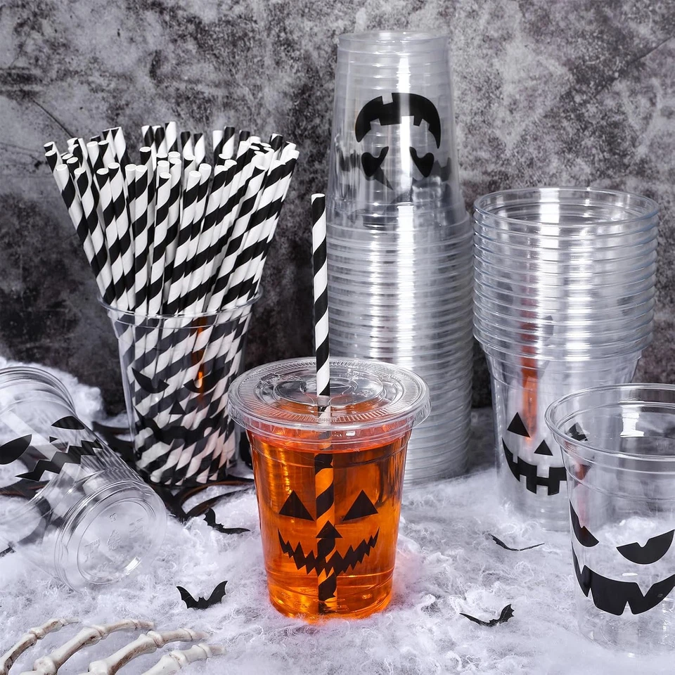 Juego de tazas desechables de Halloween con tapas y pajitas 12 oz - 60 piezas Jack-O-Lantern Foto 4 de 4