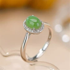 Pure S925 Sterling Silver green Jade Lucky Oval Bead Open Ring Us Size:6-9
