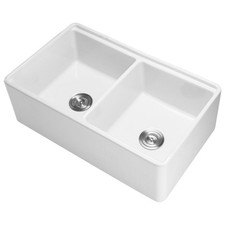 33x20in White Fireclay Double Bowl Sink, Undermount Farmhouse Workstation