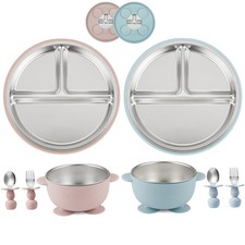 8PCS Baby Feeding Set Stainless Steel Suction Plates and Bowls with Silicon...