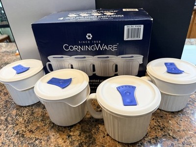 CorningWare FRENCH WHITE 20oz. SOUP MUGS with VENTED LIDS -set of 4 mugs NIB NEW