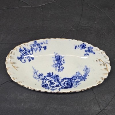 Antique W. E. Corn England ''Mona'' Porcelain Royale Flow Blue Relish Dish 9x4.5''